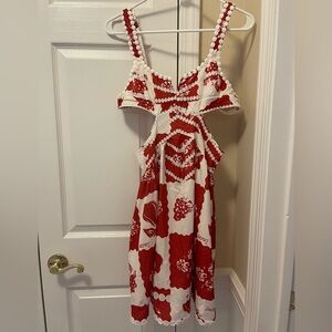 Red and white patterned dress